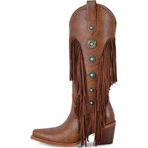 Women's Brown Western Cowboy Cowgirl Boots Studded Fringed Long Boot Block Heel
